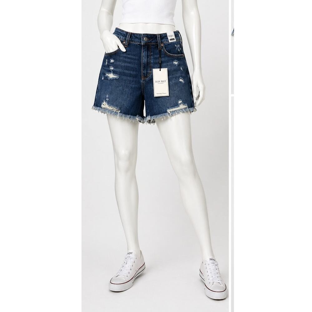 Judy Blue Denim Shorts 34" 2XL High Rise rigid front Distressed Raw Hem Stretch